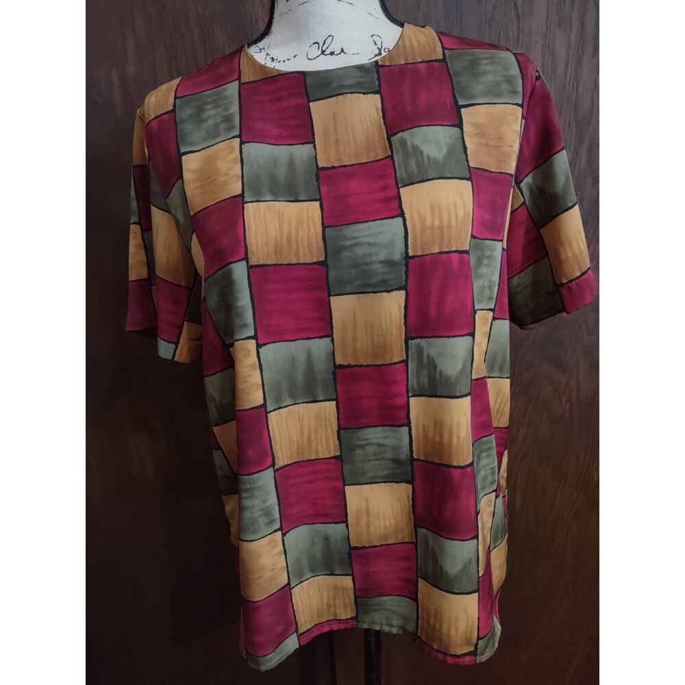 80's Womens Medium Checked Patchwork Short Sleeve Burgundy Gold Green Blouse